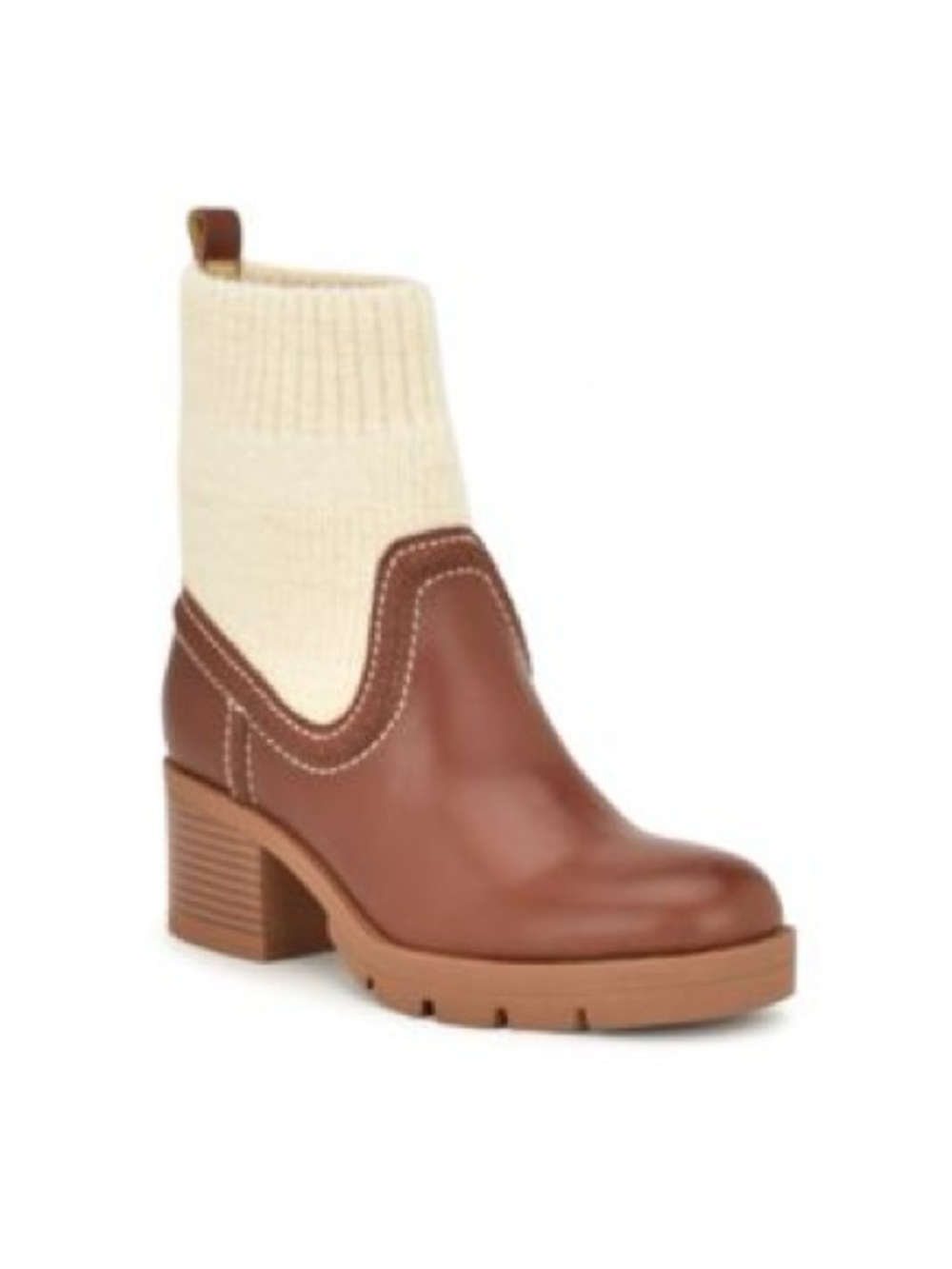 Nine West Popit Brown Leather Ankle Boot with Cream Knit Shaft